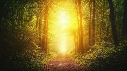 Fototapeta premium Forest path inviting exploration with sunlight filtering through tall trees in a tranquil, lush environment