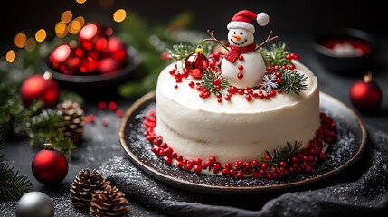 A festive decorated cake with a snowman on top ready to eat