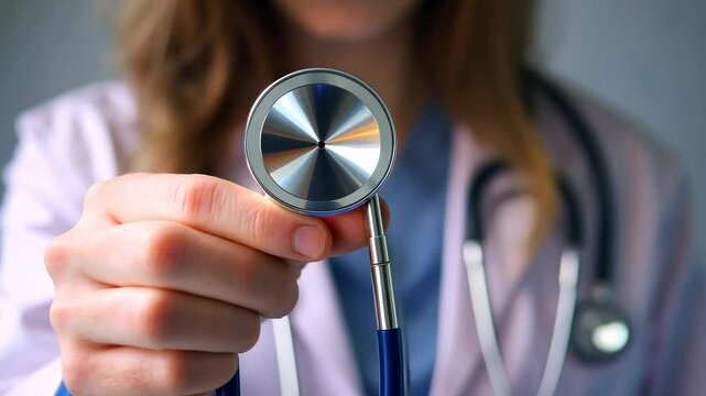 Doctor holding stethoscope with focus on medical examination and healthcare confidence