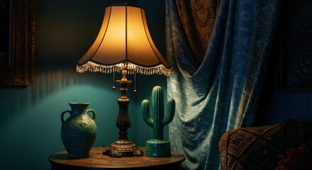 Vintage table lamp, ornate brass base, warm glowing light, pleated fabric lampshade, antique vase, blue velvet drapery, dark moody atmosphere, rich textures, chiaroscuro lighting, still life compositi