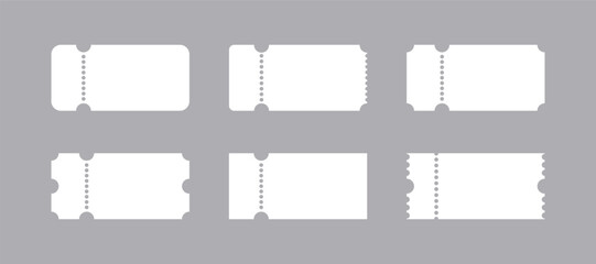 Set of white ticket mockups with ruffle edges and shadows. Empty template. Concert, movie or theater ticket. Boarding blank, lottery, sale coupon
