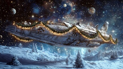 Fototapeta premium Spaceship decorated with Christmas garlands floating through a cosmic winter wonderland