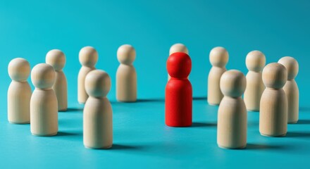 wooden figures, leadership concept, red figure standing out, group dynamics, teal background, minimalist composition, contrast, simplicity, business metaphor, individuality, team representation, stark