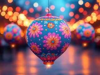 A blue and pink flower ornament hangs from a string. The ornament is surrounded by other ornaments, creating a festive atmosphere