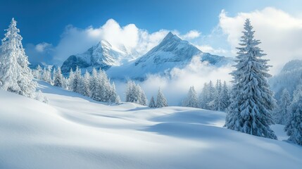 Snow covered mountains and evergreen trees under a blue sky