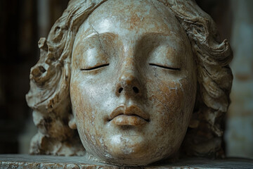 close-up of a marble or stone sculpture of a woman's face with closed eyes. 