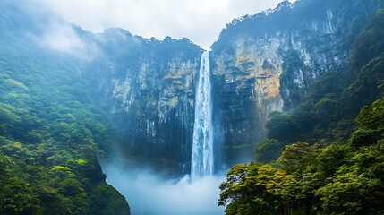Fototapeta premium Majestic Waterfall in Misty Mountains