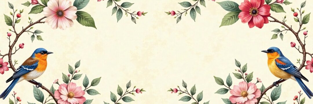 A beautiful floral border featuring colorful birds and blooming flowers.