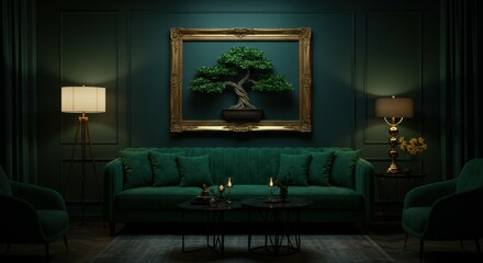 Dark teal living room, vintage velvet sofa, ornate gold frame painting, moody atmosphere, soft lamp lighting, cinematic composition, symmetrical interior design, art deco influences, muted color palet