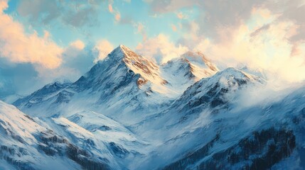 Majestic snow covered mountain peaks under a colorful cloudy sky