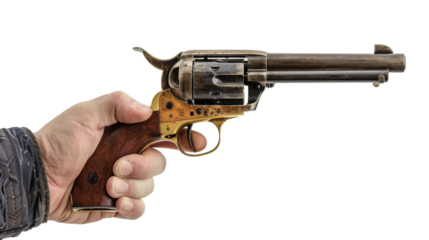 Hand holding western style revolver gun with transparent background