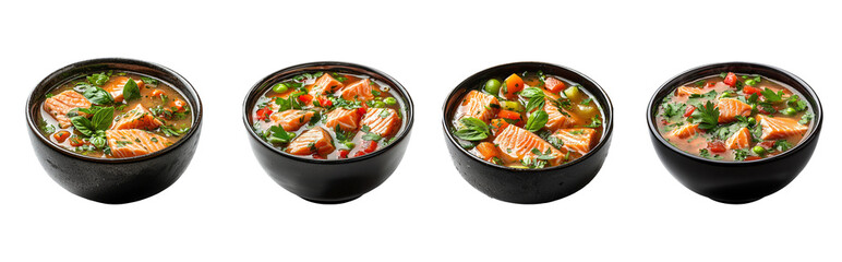 Fresh and Healthy Salmon Soup Varieties in Stylish Black Bowls