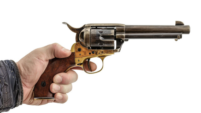 Hand holding western style revolver gun with transparent background