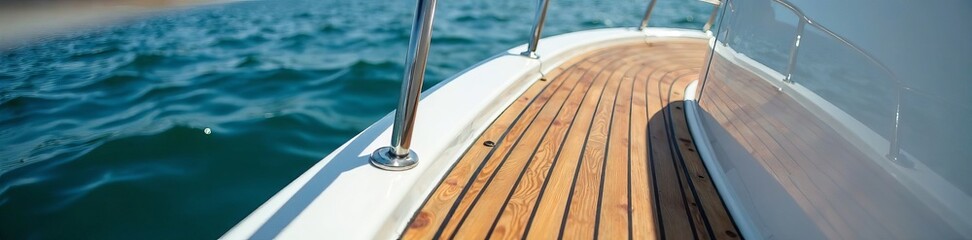 A close-up view of a wooden boat deck with shimmering ocean waves in the background.