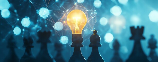 A glowing light bulb over chess pieces representing innovative ideas and strategic thinking in business.