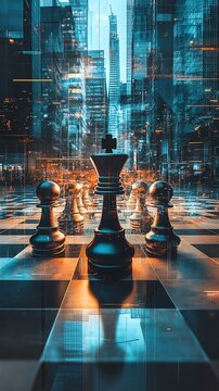 A futuristic urban chess game, blending strategy and city life in a vibrant digital environment.