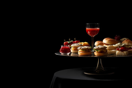 Culinary Delights: A captivating still life showcases an array of mini burgers, hors d'oeuvres, and a glass of refreshing red beverage, set against a dramatic dark backdrop.