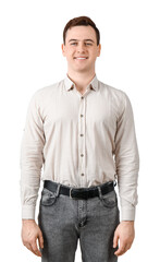 Fototapeta premium Happy young man in stylish collar shirt on white background
