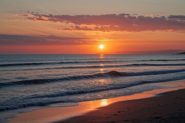 Stunning Beach Sunset with Calm Waves and Shadowed Silhouettes