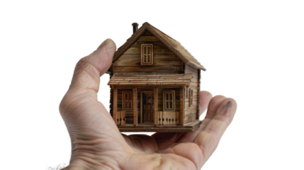 Hand holding small wooden house model with transparent background