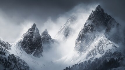 Obraz premium Majestic snow capped mountain peaks stand shrouded in dramatic clouds