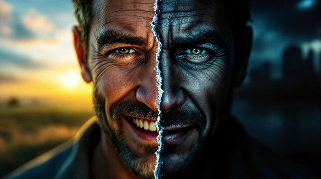 man split face happy sad mental health depression burnout bipolar disorder