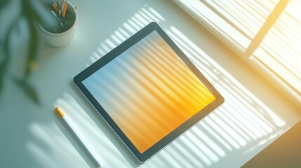 Tablet on desk near window, sunlight streams through blinds, displaying blurred sunset image.
