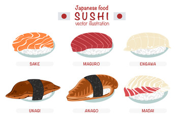 Set of different types of sushi vector illustration. Delicious food. Popular Japanese food. Nigiri sushi. Raw fish on rice. Recipe. Cooking. Menu. Restaurant. For food design, poster and background.

