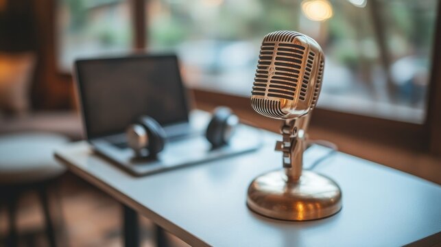 Retro microphone on podcasting desk