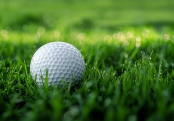Fototapeta premium White Golf Ball Resting on Lush Green Grass Under Soft Light