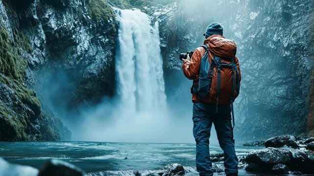 Adventurous photographer captures majestic waterfall scene in rugged wilderness
