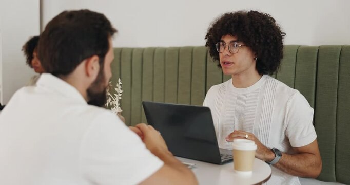 Cafe, meeting and business people with freelance, discussion or b2b networking for website. Human resources, teamwork and coffee shop communication with technology for remote work and project ideas
