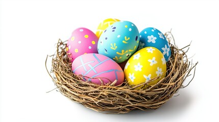Painted Easter eggs in a decorative nest on a white background, isolate