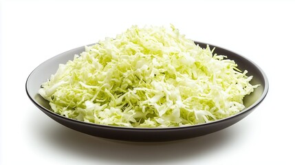 Grated fresh cabbage in a plate, top view on a white background, isolate