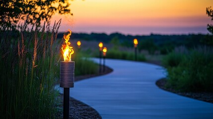 Winding pathway with lit torches at sunset.