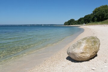 Tranquil beach scene with clear water and a large rock.  Gentle waves lapping onto a light-colored beach. Lush green trees line the shore.  Sunny day