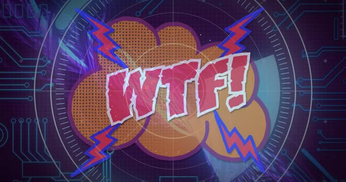 Animation of WTF! text with colorful lightning bolts and abstract background
