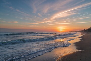Fototapeta premium Dawn at the Beach with Expansive Skies and Ocean Waves