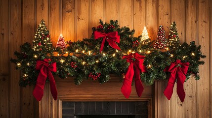Traditional Christmas mantelpiece with a wooden backdrop adorned with evergreen garlands red ribbons and glowing holiday lights creating a cozy ambiance