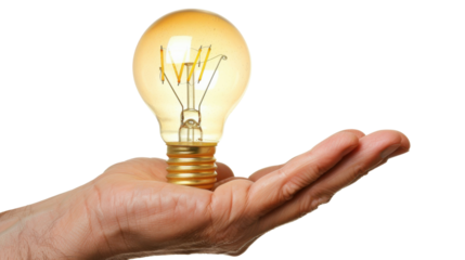 Hand holding lit light bulb on transparent background