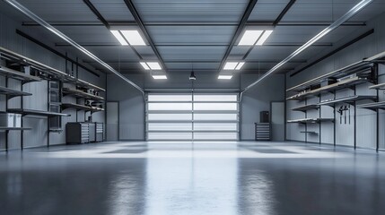 Modern garage interior with illuminated workspace and organized shelving