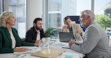 Stress, mistake and global trade with business people in meeting for profit loss, bankruptcy and seminar. Planning, workshop and stock market crash with employees in office for fail and laptop