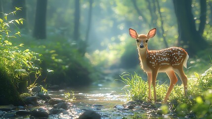 Fototapeta premium Fawn by Creek in Forest
