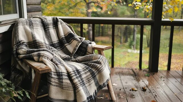 Cozy autumn porch scene with plaid blanket overlooking vibrant fall foliage