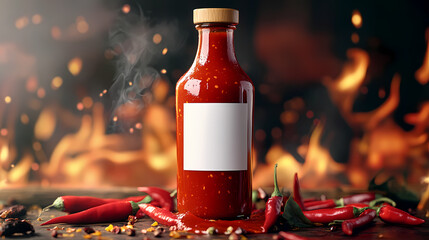 Fototapeta premium Fiery Flavor: A tantalizing bottle of chili sauce sits amidst a vibrant arrangement of red chili peppers, against a backdrop of a flickering flames.