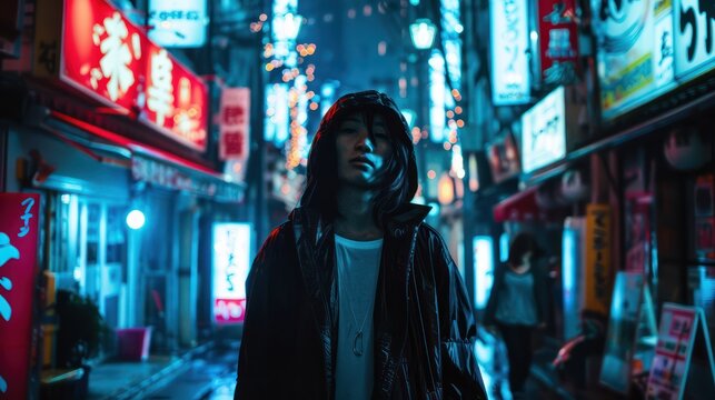 A person stands in a vibrant neon lit city street