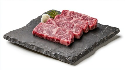 Tender wagyu steak on a stone bowl on a white background, isolate