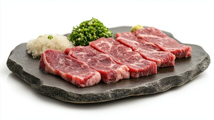 Fototapeta premium Tender wagyu steak on a stone bowl on a white background, isolate