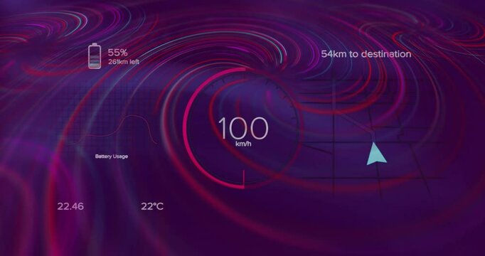 Dashboard animation displaying speed, battery usage, and distance in vibrant colors