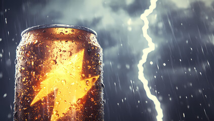 Electrifying Energy: A golden energy drink can amidst a torrential downpour, energized by a bold lightning strike in a dramatic scene